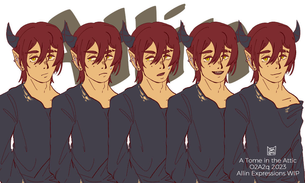 Character Expression Sheet (Allin). Sprites made for a short visual novel titled "A Tome in the Attic"