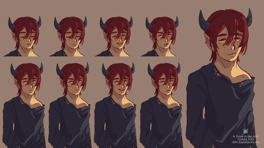 Character Expression Sheet (Allin). Sprites made for a short visual novel titled "A Tome in the Attic"